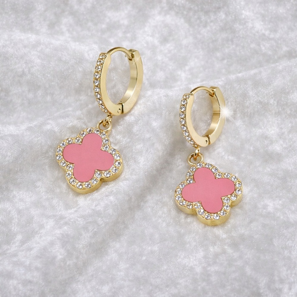 18k Gold Plated Pink Clover Drop Earrings with Crystal Halo and case